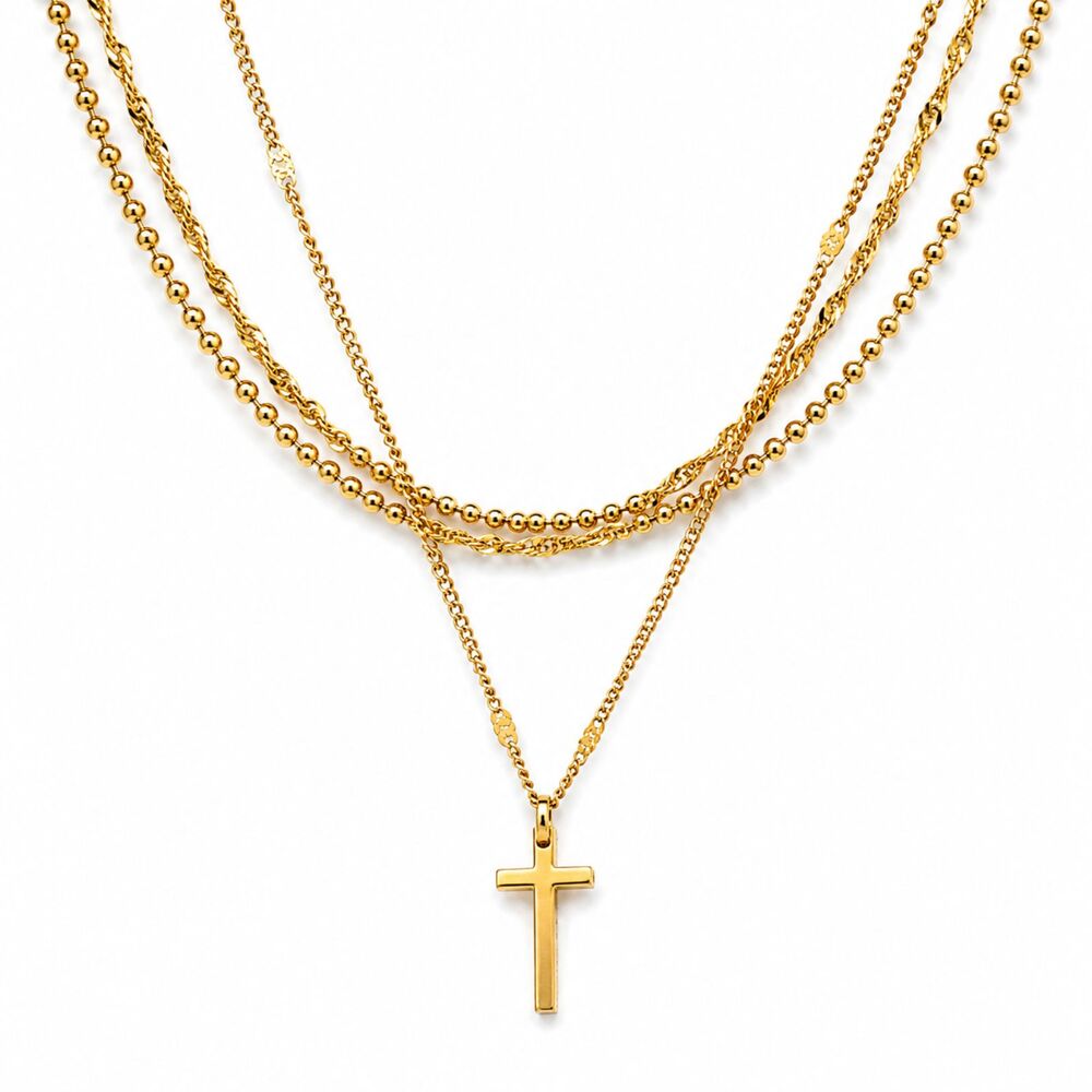 S.S. Steel gold cross necklace with 3 chains